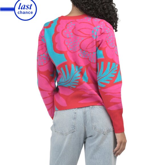 SUGAR LIPS Fuschia Multi Zinnia Floral Gathered Shoulder Sweater - Picture 2 of 2